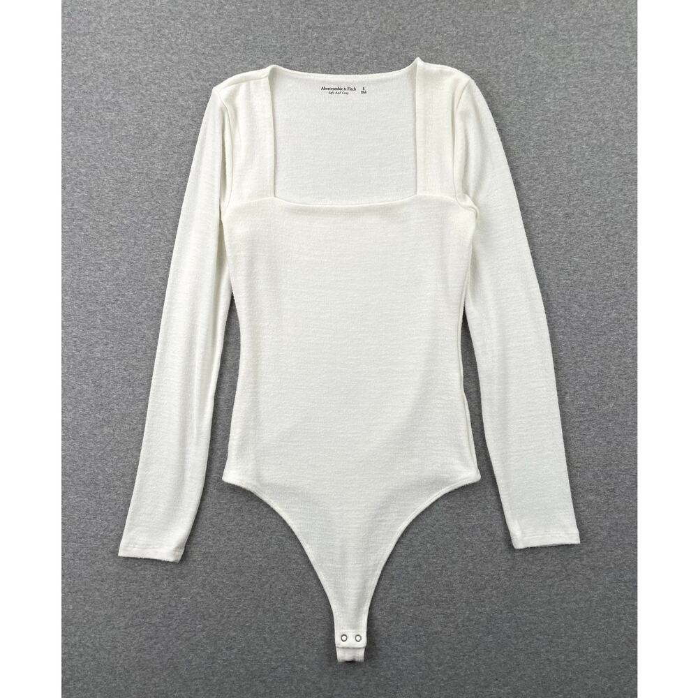 Abercrombie Long Sleeve Bodysuit Top Womens S White Soft Cozy Knit Square Neck